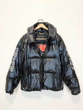 Vintage Juicy Couture Down Puffer Jacket Coat Black Shine 90s Y2K Medium M